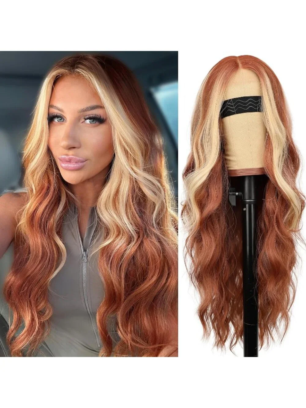 Women's Ginger Blonde Lace Hairline 26 Inch Synthetic Heat Resistant Wavy Wigs